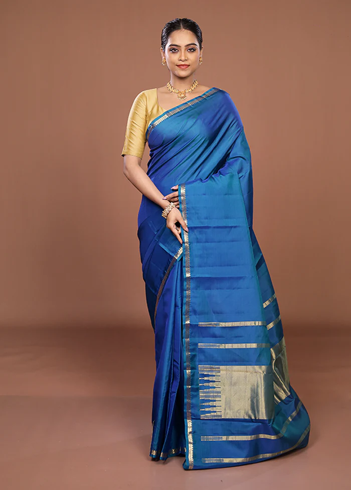Blue Handloom Kanjivaram Pure Silk Saree With Blouse Piece - Image 2