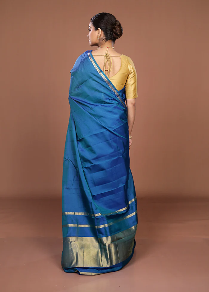 Blue Handloom Kanjivaram Pure Silk Saree With Blouse Piece - Image 3