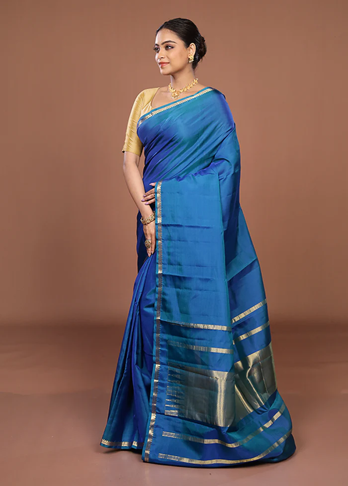 Blue Handloom Kanjivaram Pure Silk Saree With Blouse Piece - Image 4