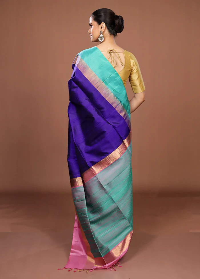 Blue Handloom Kanjivaram Pure Silk Saree With Blouse Piece - Image 3