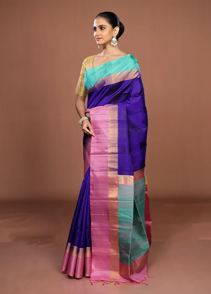 Blue Handloom Kanjivaram Pure Silk Saree With Blouse Piece - Image 4