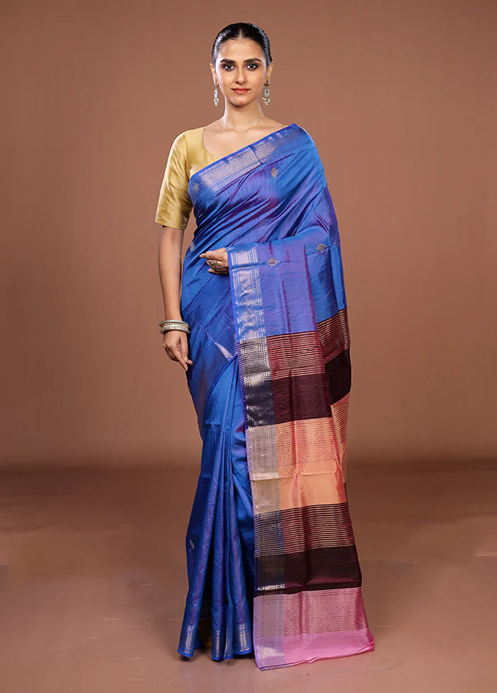Blue Handloom Kanjivaram Pure Silk Saree With Blouse Piece - Image 2