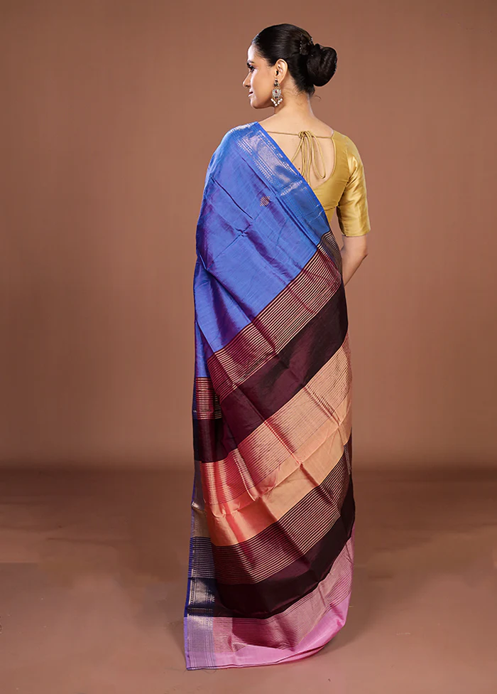 Blue Handloom Kanjivaram Pure Silk Saree With Blouse Piece - Image 3