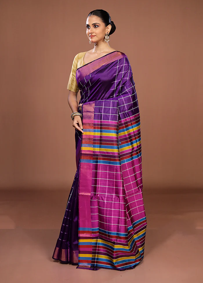 Blue Handloom Kanjivaram Pure Silk Saree With Blouse Piece - Image 4