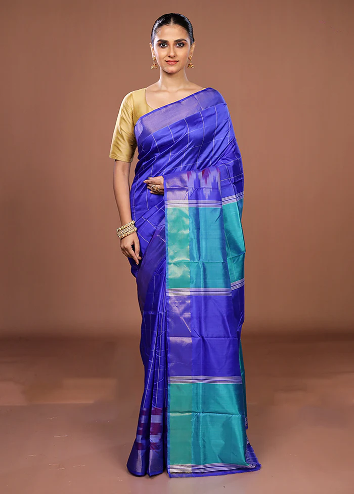 Blue Handloom Kanjivaram Pure Silk Saree With Blouse Piece - Image 2