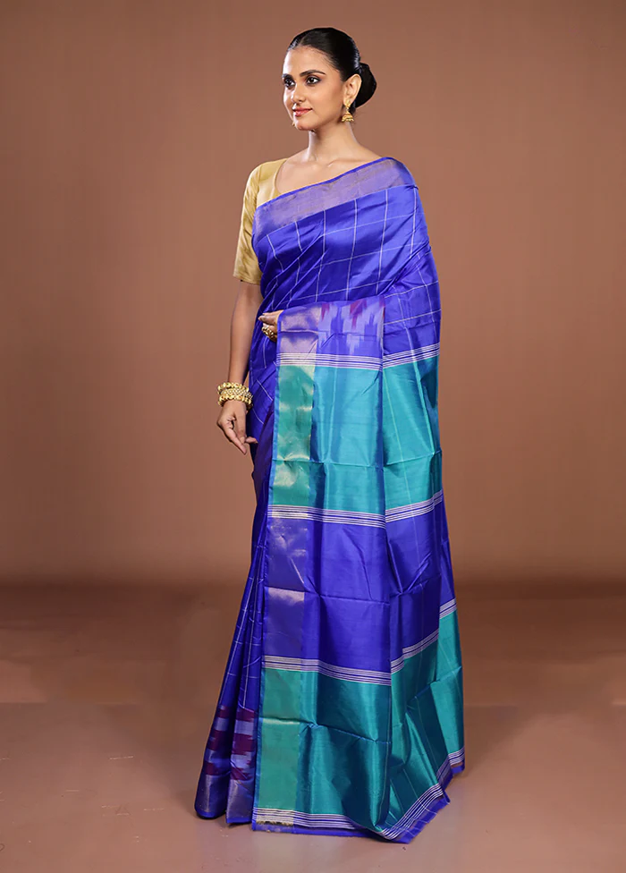 Blue Handloom Kanjivaram Pure Silk Saree With Blouse Piece - Image 4