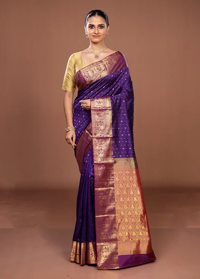 Blue Handloom Kanjivaram Pure Silk Saree With Blouse Piece - Image 2