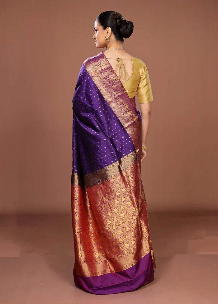 Blue Handloom Kanjivaram Pure Silk Saree With Blouse Piece - Image 3