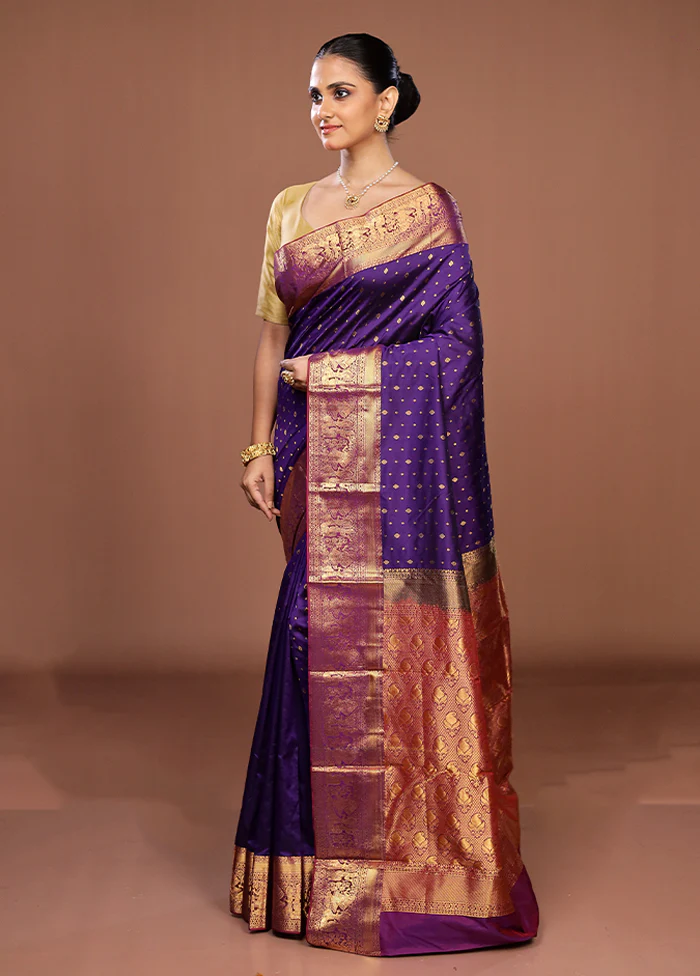 Blue Handloom Kanjivaram Pure Silk Saree With Blouse Piece - Image 4