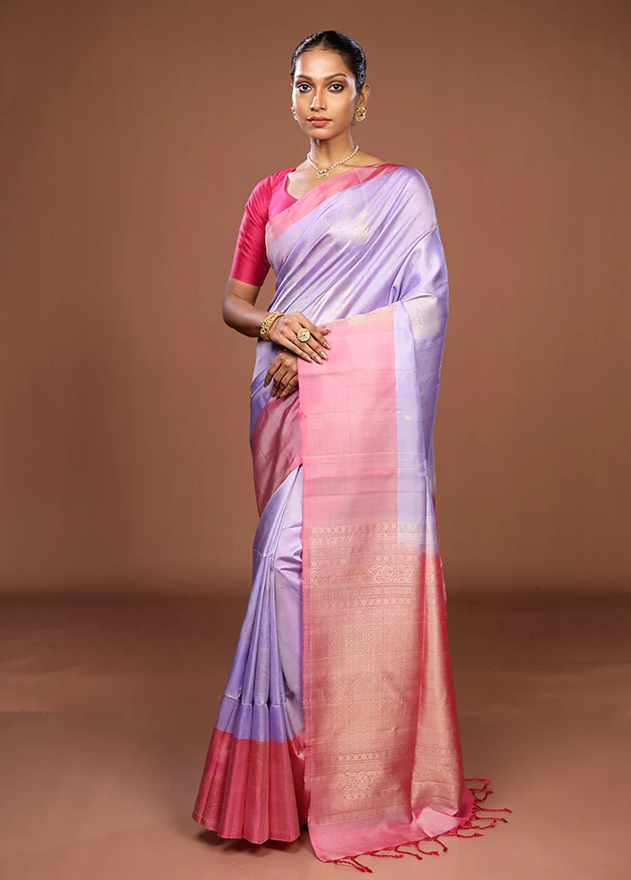 Blue Handloom Kanjivaram Pure Silk Saree With Blouse Piece - Image 4