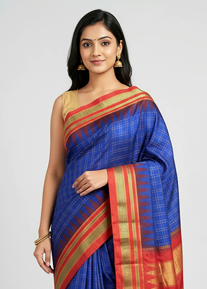 Blue Handloom Kanjivaram Pure Silk Saree With Blouse Piece - Image 2