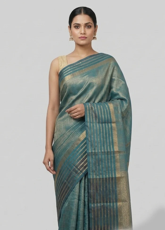 Blue Handloom Kanjivaram Pure Silk Saree With Blouse Piece - Image 2