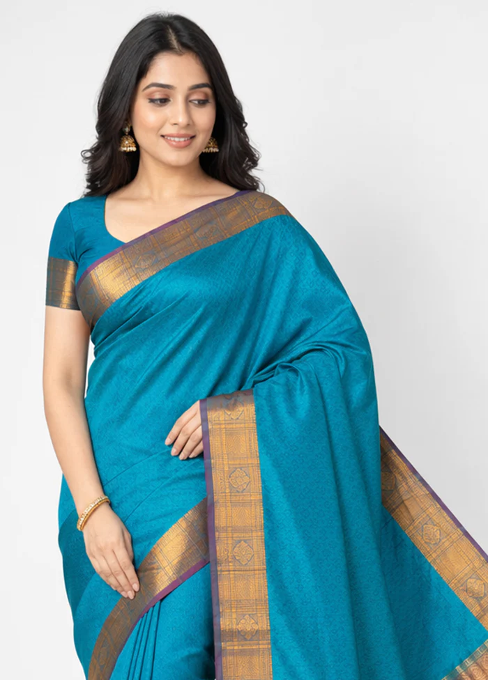 Blue Handloom Kanjivaram Pure Silk Saree With Blouse Piece - Image 2