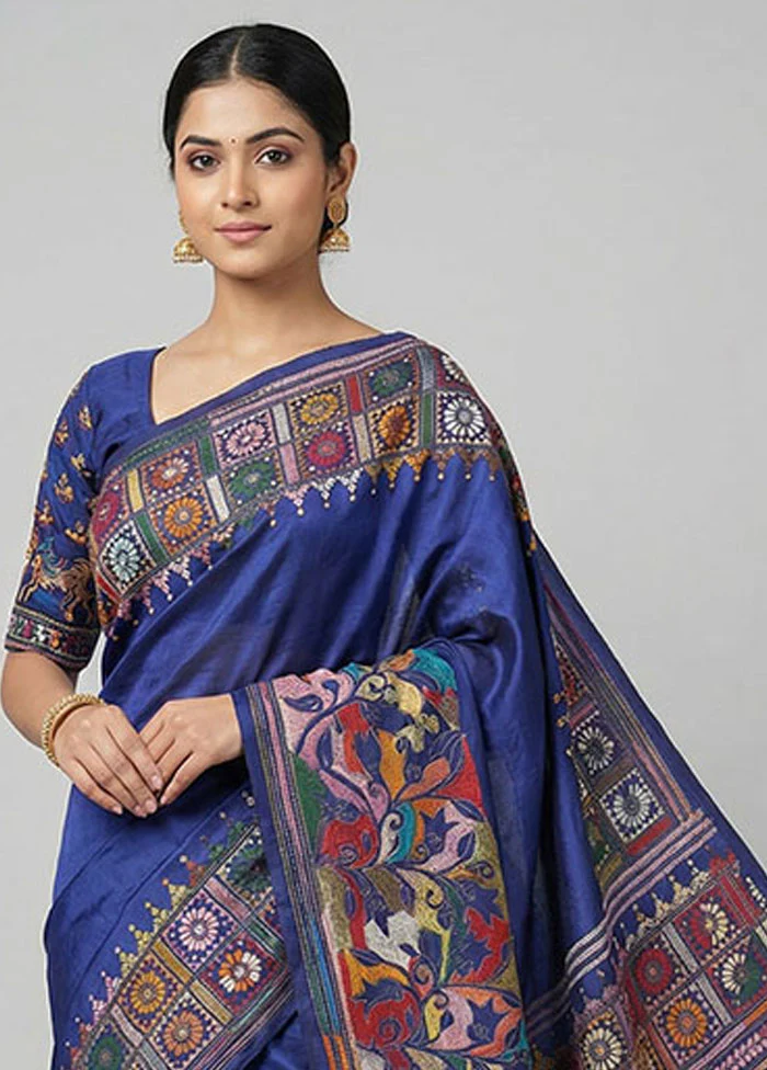 Blue Handloom Kantha Stitch Pure Silk Saree With Blouse Piece - Image 2