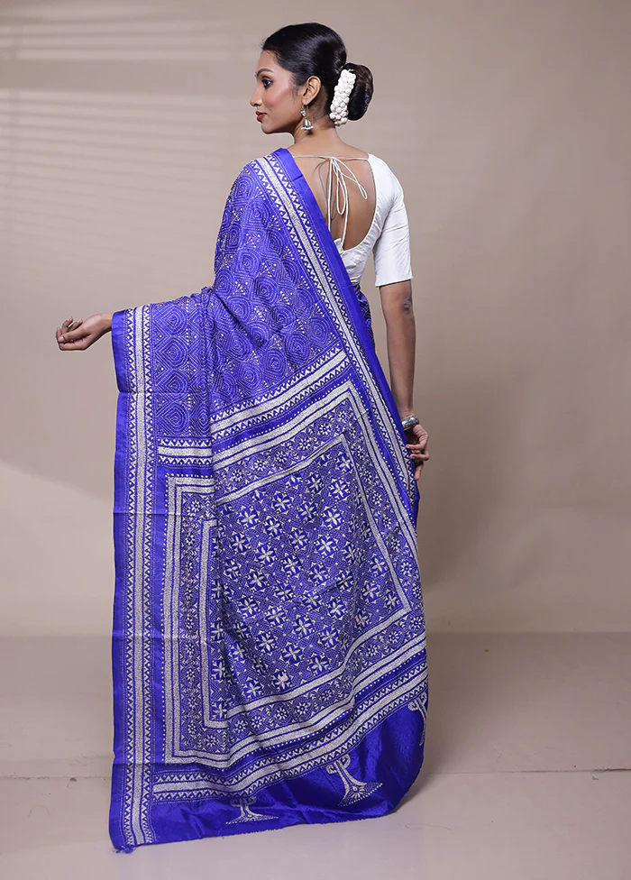 Blue Handloom Kantha Stitch Pure Silk Saree With Blouse Piece - Image 3