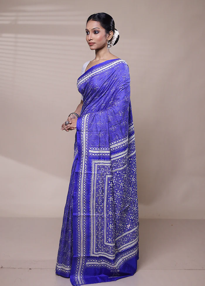 Blue Handloom Kantha Stitch Pure Silk Saree With Blouse Piece - Image 4