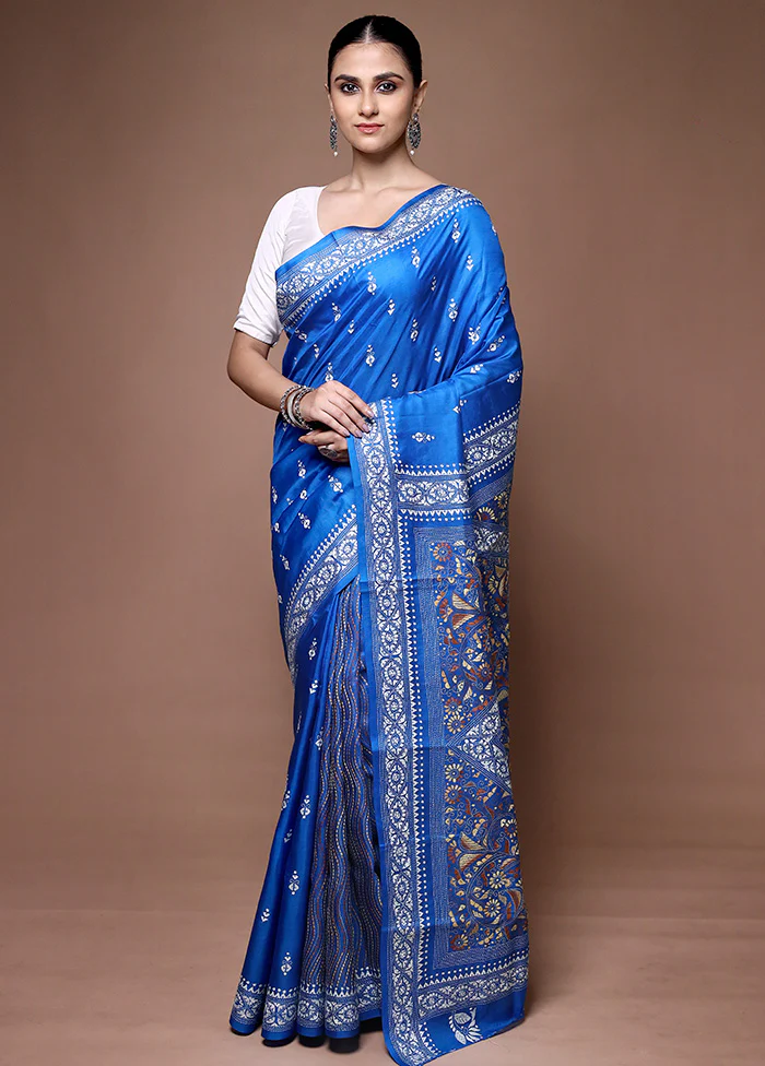 Blue Handloom Kantha Stitch Pure Silk Saree With Blouse Piece
