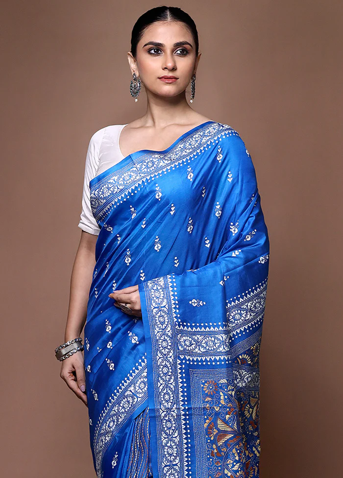 Blue Handloom Kantha Stitch Pure Silk Saree With Blouse Piece - Image 2
