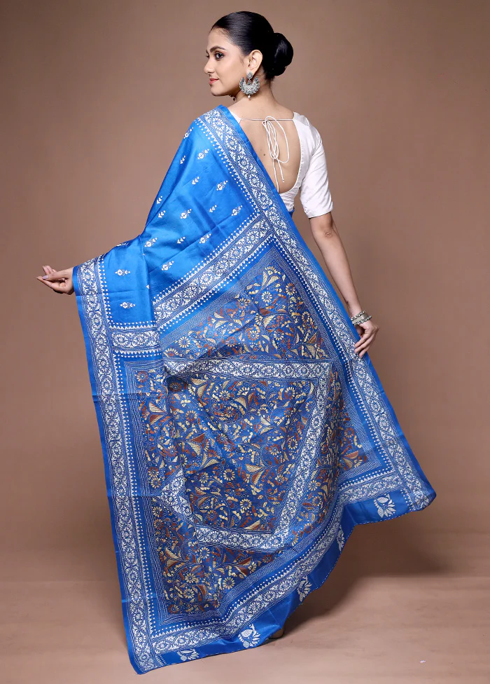 Blue Handloom Kantha Stitch Pure Silk Saree With Blouse Piece - Image 3
