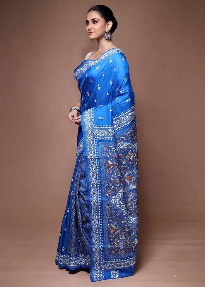 Blue Handloom Kantha Stitch Pure Silk Saree With Blouse Piece - Image 4