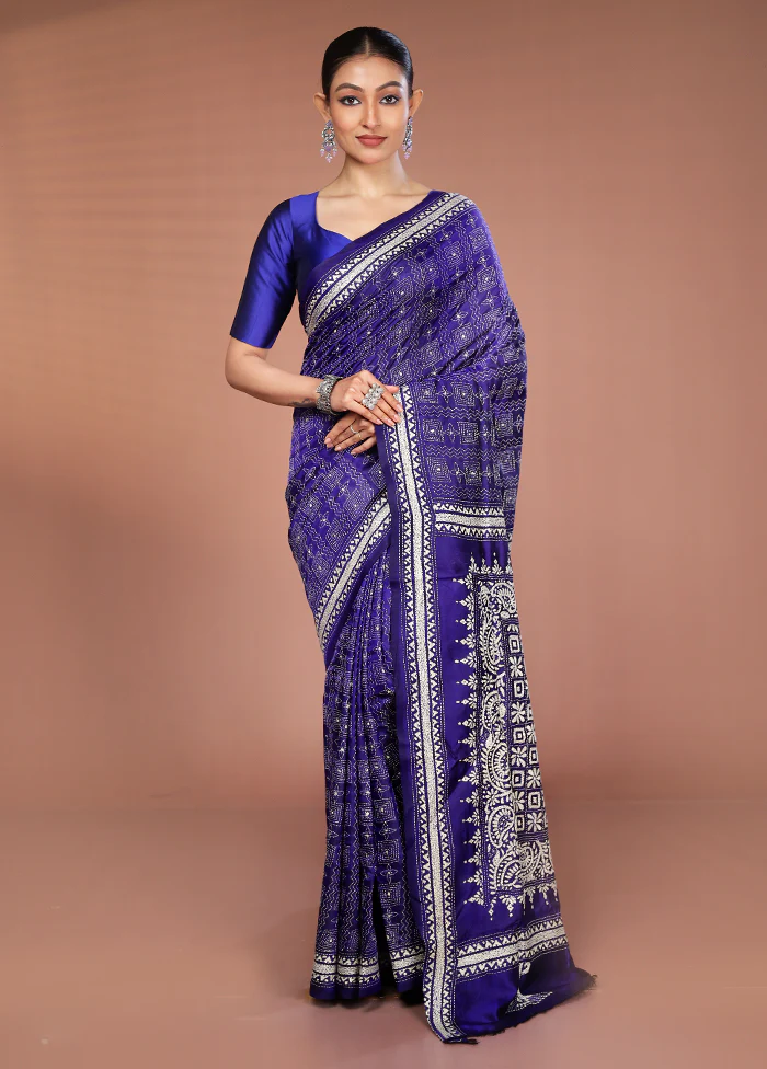 Blue Handloom Kantha Stitch Pure Silk Saree With Blouse Piece - Image 2