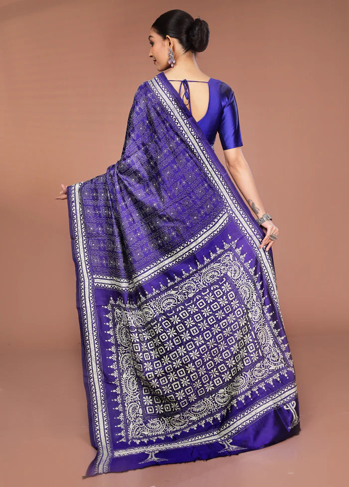 Blue Handloom Kantha Stitch Pure Silk Saree With Blouse Piece - Image 3