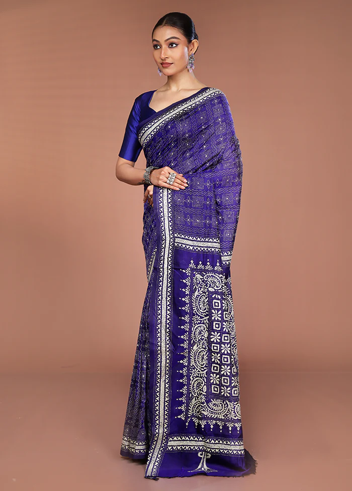 Blue Handloom Kantha Stitch Pure Silk Saree With Blouse Piece - Image 4