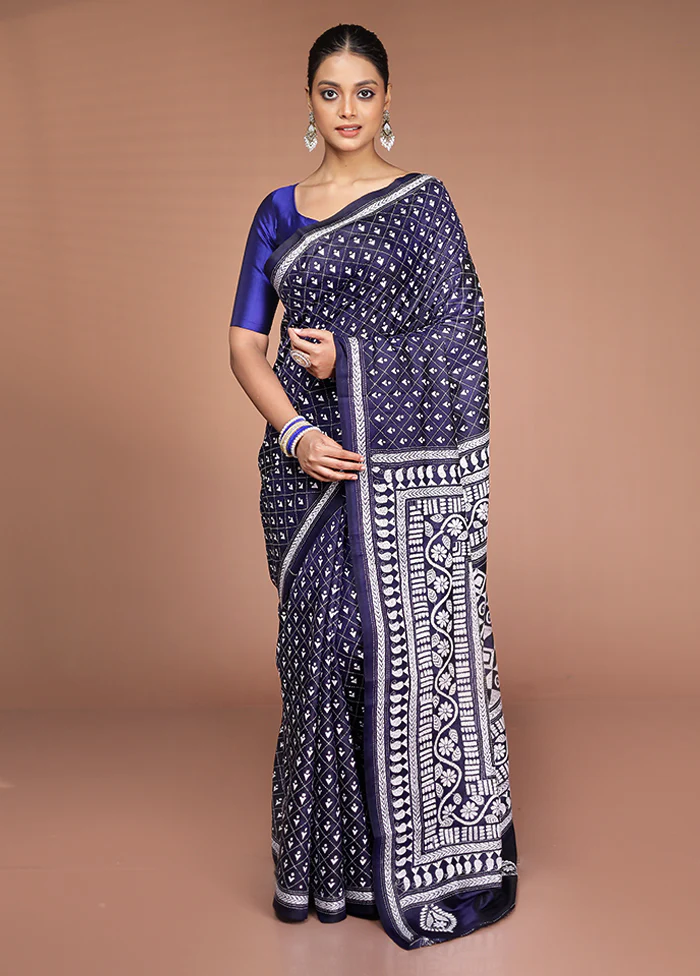 Blue Handloom Kantha Stitch Pure Silk Saree With Blouse Piece - Image 2