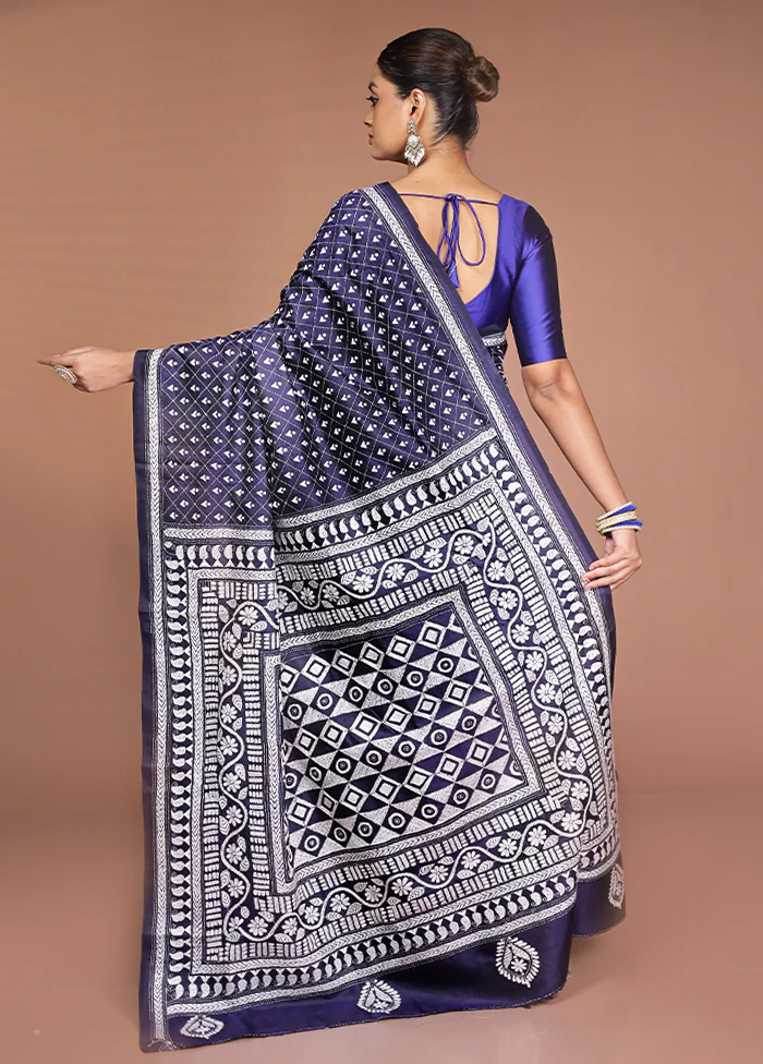 Blue Handloom Kantha Stitch Pure Silk Saree With Blouse Piece - Image 3