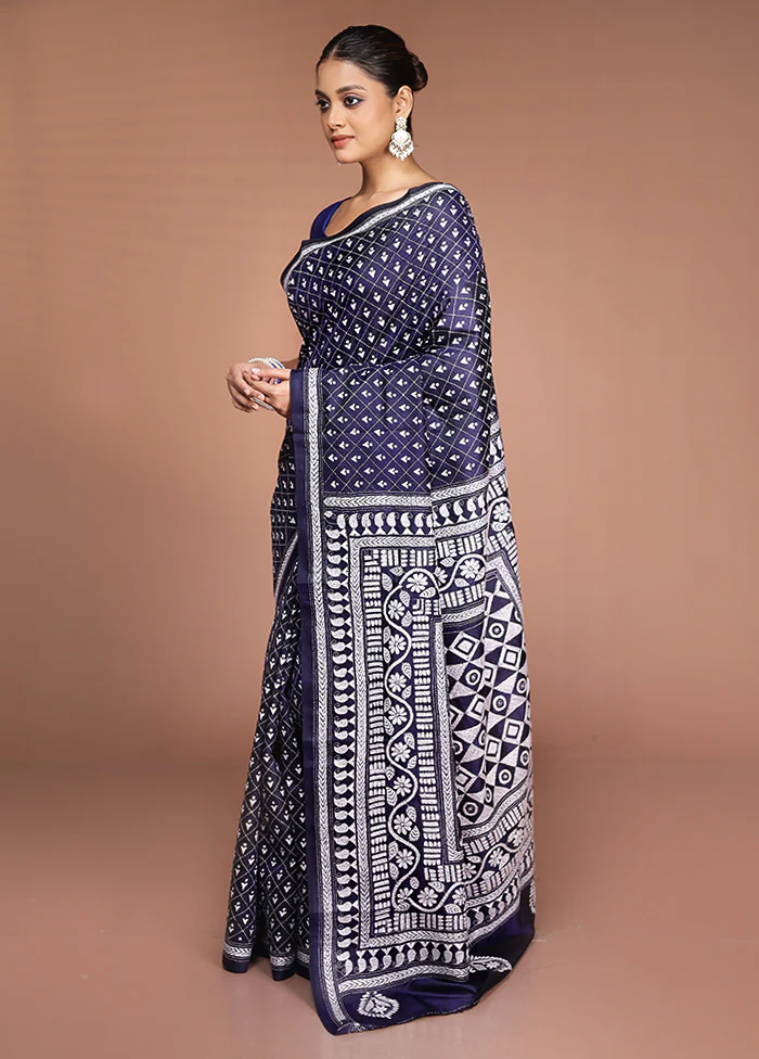 Blue Handloom Kantha Stitch Pure Silk Saree With Blouse Piece - Image 4
