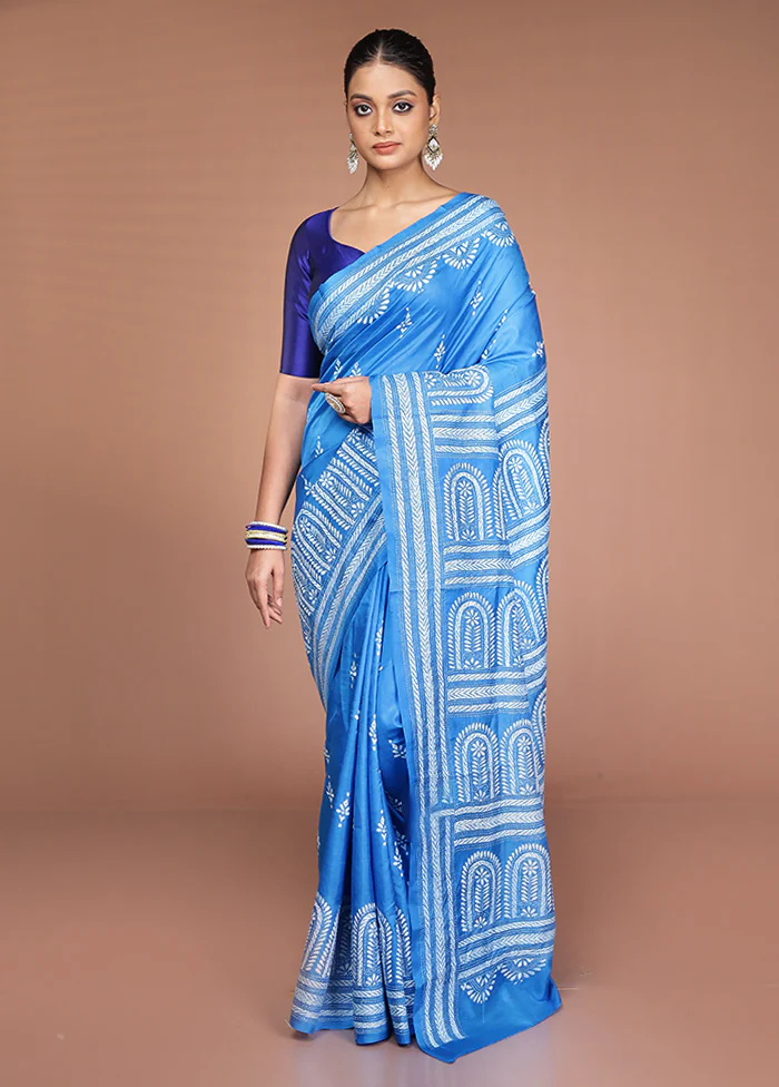 Blue Handloom Kantha Stitch Pure Silk Saree With Blouse Piece - Image 2