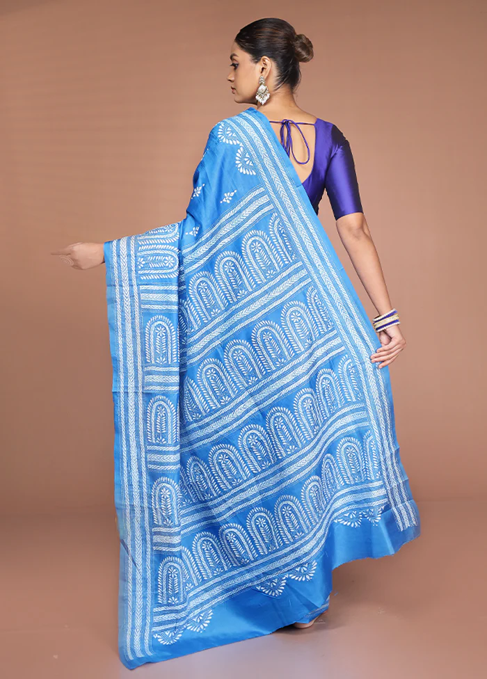 Blue Handloom Kantha Stitch Pure Silk Saree With Blouse Piece - Image 3
