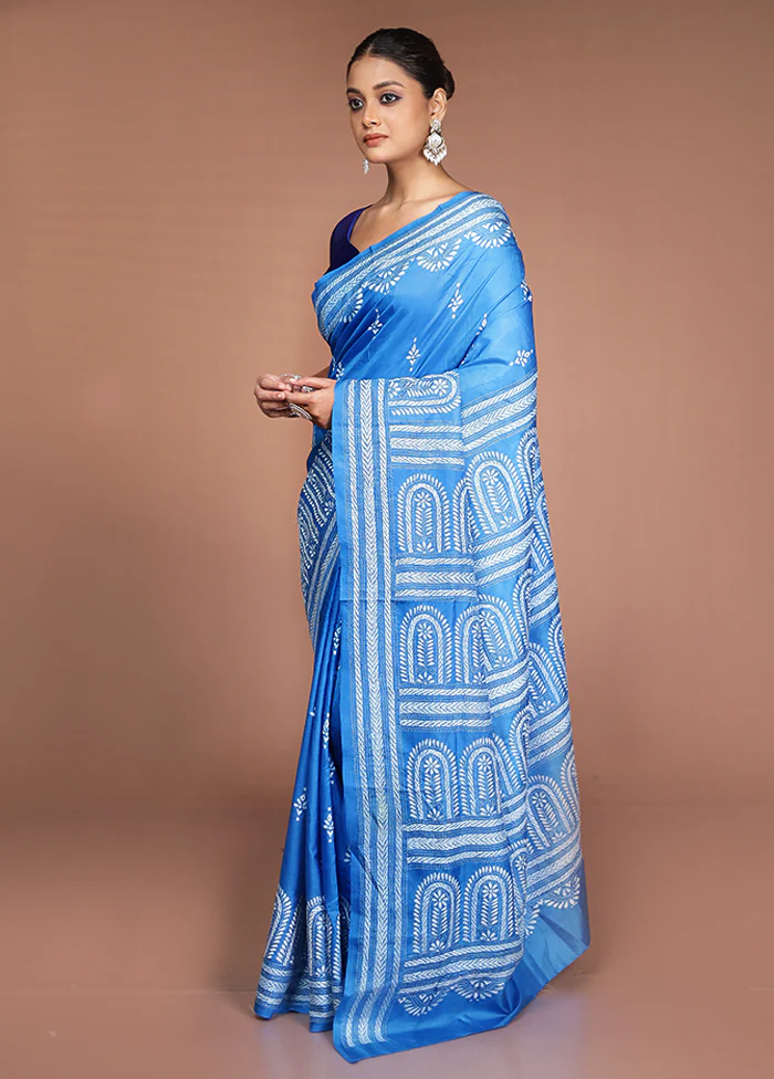 Blue Handloom Kantha Stitch Pure Silk Saree With Blouse Piece - Image 4