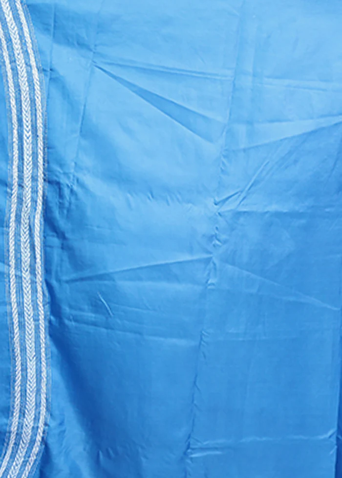 Blue Handloom Kantha Stitch Pure Silk Saree With Blouse Piece - Image 5