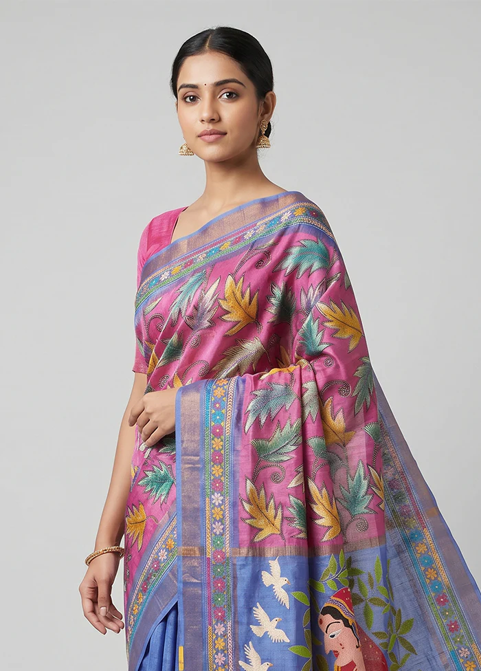 Blue Handloom Kantha Stitch Pure Silk Saree With Blouse Piece - Image 2