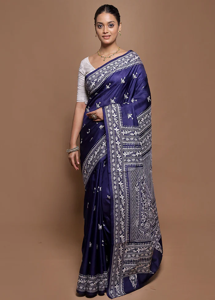 Blue Handloom Kantha Stitch Pure Silk Saree With Blouse Piece