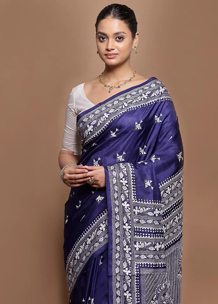 Blue Handloom Kantha Stitch Pure Silk Saree With Blouse Piece - Image 2