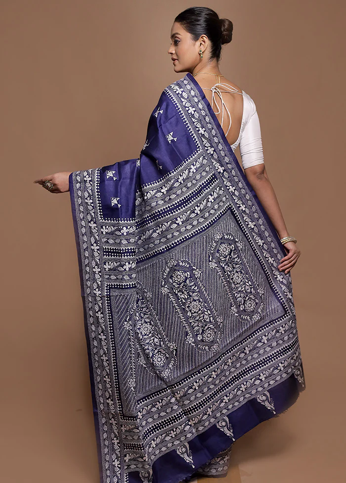 Blue Handloom Kantha Stitch Pure Silk Saree With Blouse Piece - Image 3