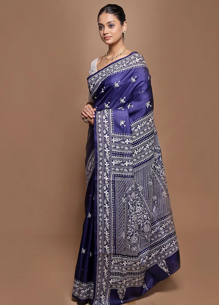 Blue Handloom Kantha Stitch Pure Silk Saree With Blouse Piece - Image 4