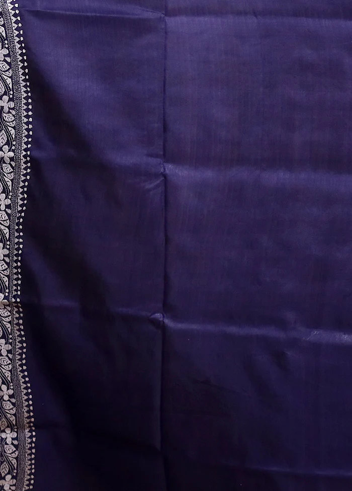 Blue Handloom Kantha Stitch Pure Silk Saree With Blouse Piece - Image 5