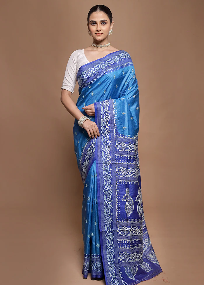 Blue Handloom Kantha Stitch Pure Silk Saree With Blouse Piece