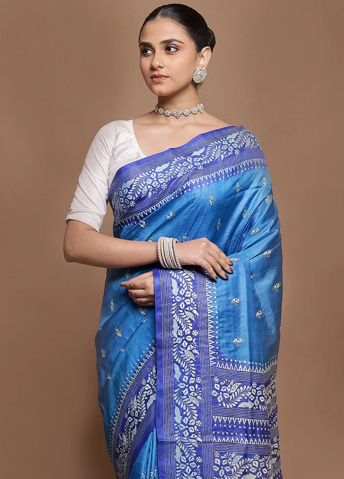 Blue Handloom Kantha Stitch Pure Silk Saree With Blouse Piece - Image 2