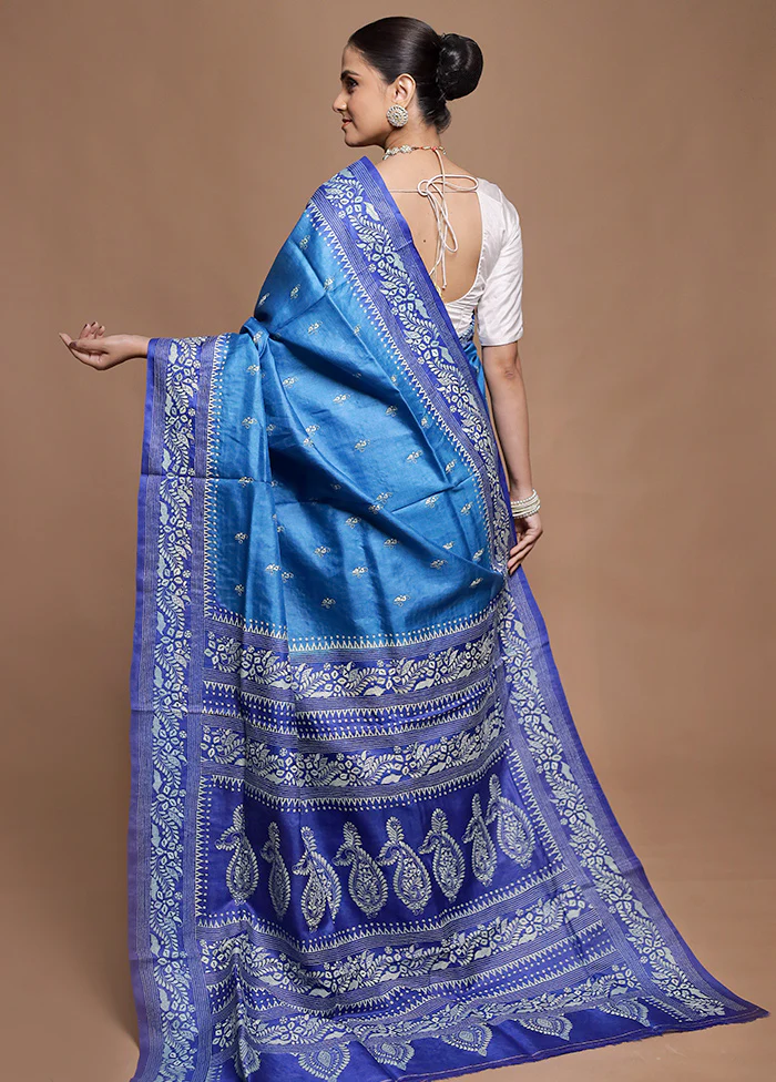 Blue Handloom Kantha Stitch Pure Silk Saree With Blouse Piece - Image 3