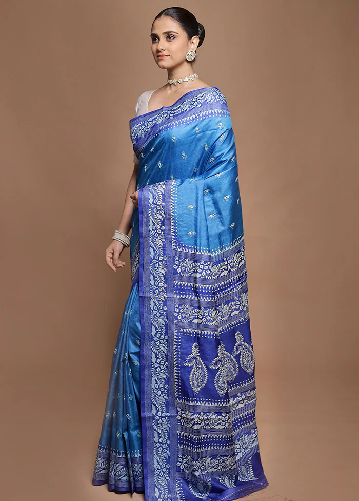 Blue Handloom Kantha Stitch Pure Silk Saree With Blouse Piece - Image 4