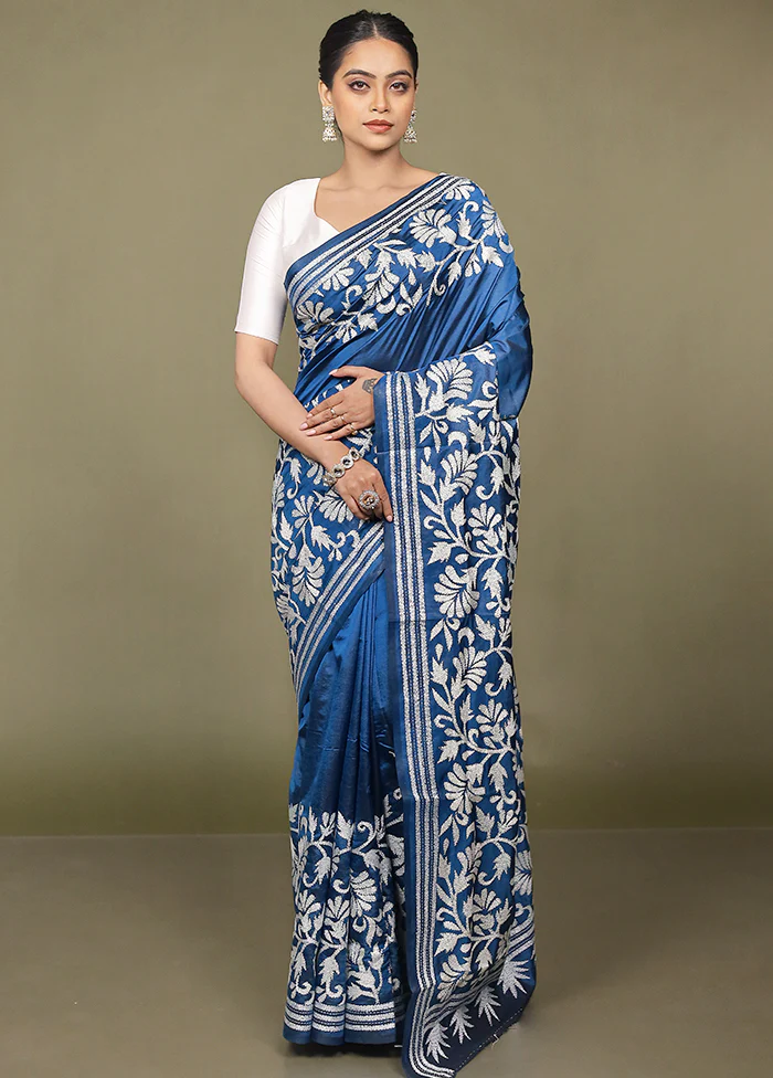 Blue Handloom Kantha Stitch Pure Silk Saree With Blouse Piece - Image 2