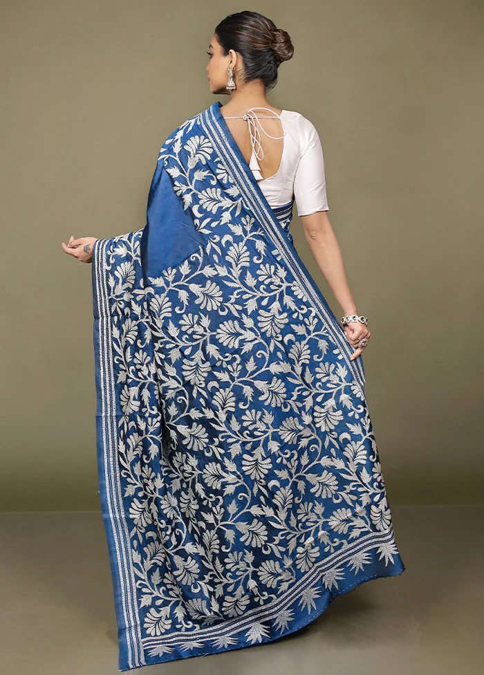 Blue Handloom Kantha Stitch Pure Silk Saree With Blouse Piece - Image 3