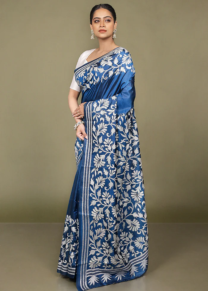Blue Handloom Kantha Stitch Pure Silk Saree With Blouse Piece - Image 4
