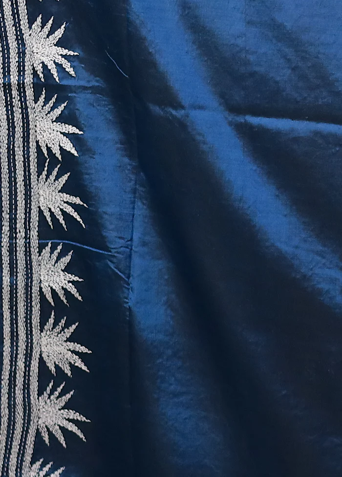 Blue Handloom Kantha Stitch Pure Silk Saree With Blouse Piece - Image 5
