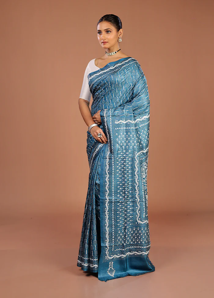 Blue Handloom Kantha Stitch Pure Silk Saree With Blouse Piece - Image 4