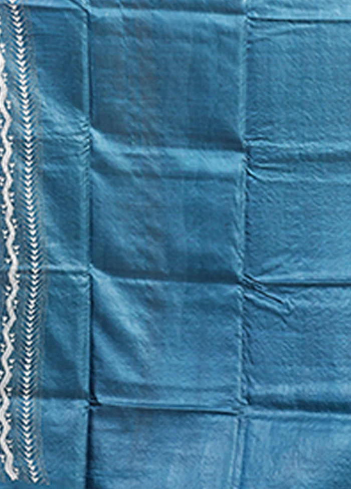 Blue Handloom Kantha Stitch Pure Silk Saree With Blouse Piece - Image 5